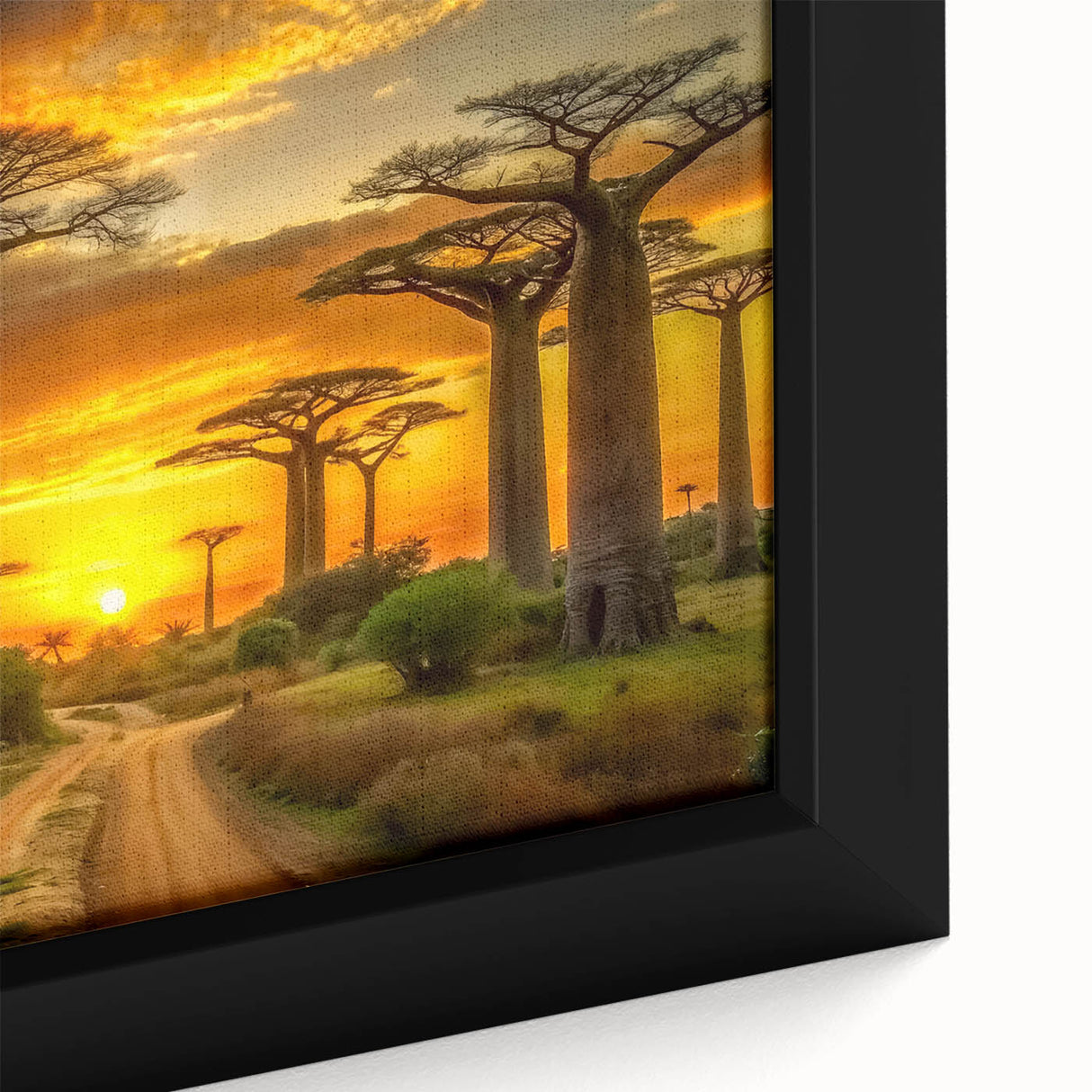 Extra large framed canvas featuring a textured, colorful African landscape in predominantly black tones.