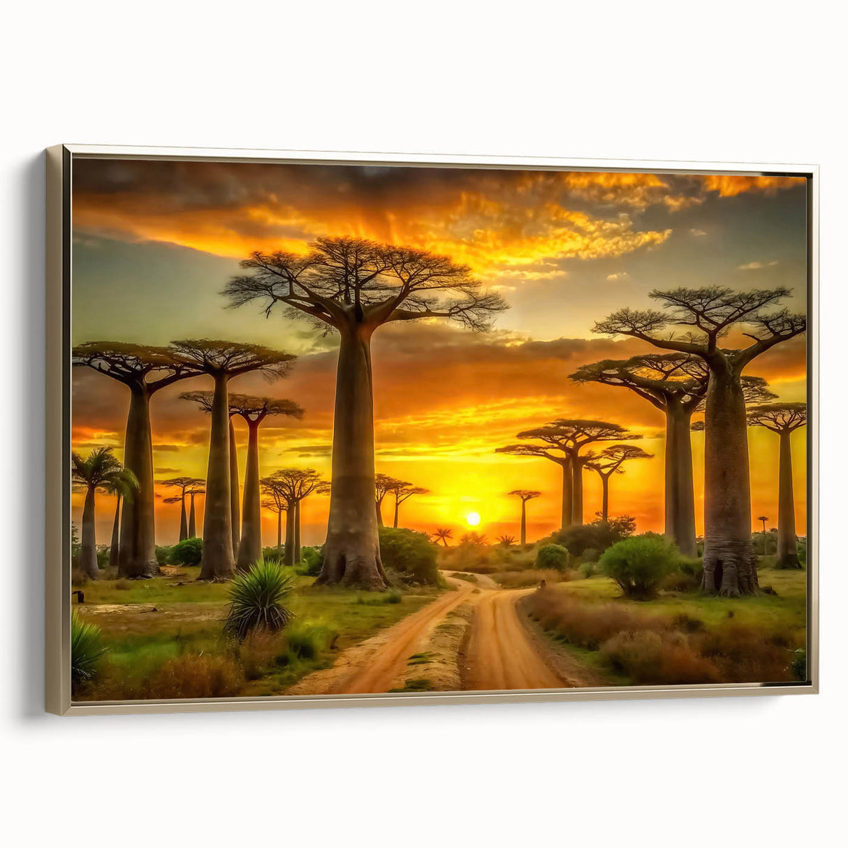 Framed canvas featuring a vintage-style landscape painting of Madagascar with black and gold tones.