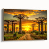 Framed canvas featuring a vintage-style landscape painting of Madagascar with black and gold tones.