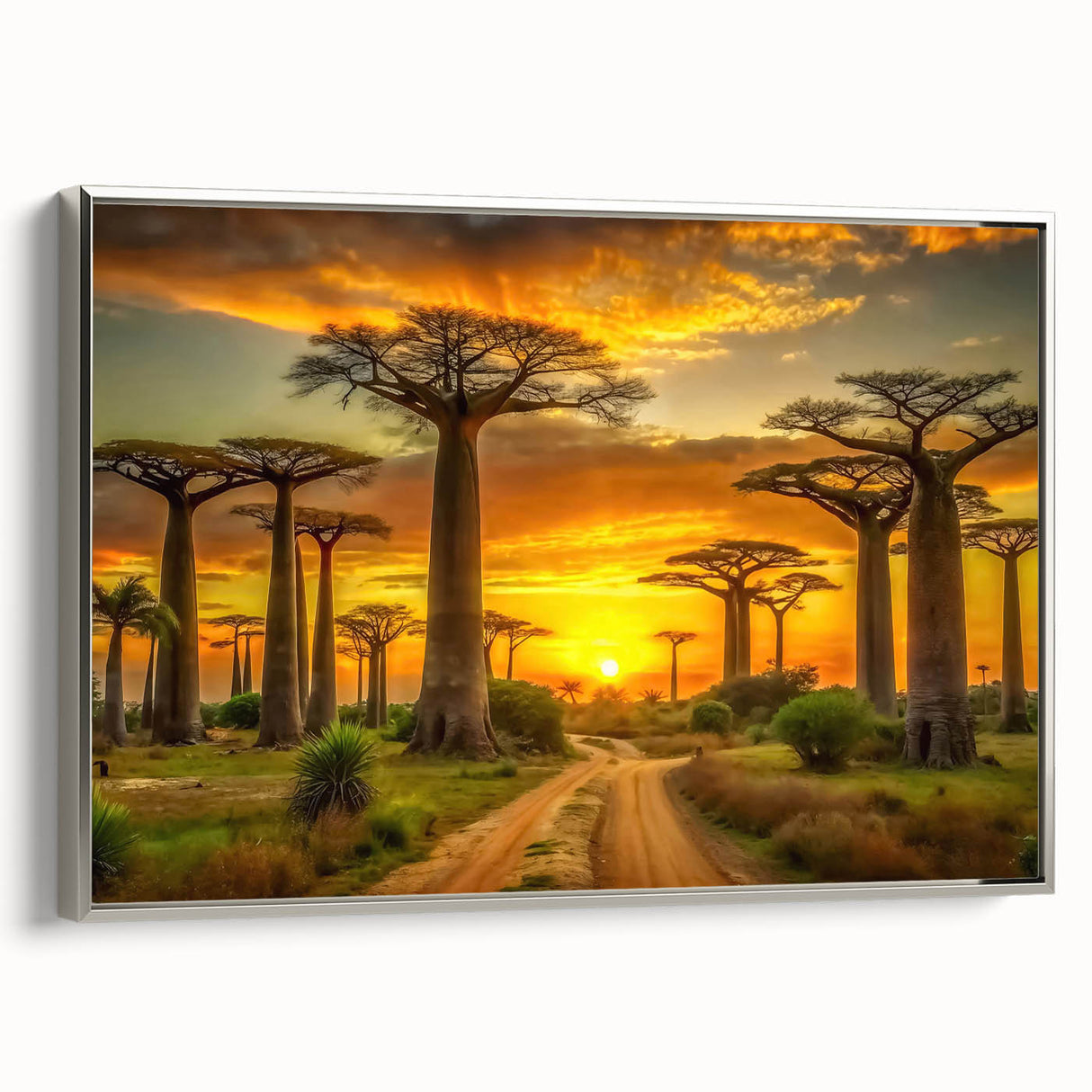 Vintage poster art of a Madagascar landscape in colorful hues on a silver-framed canvas, ideal for living room decor.