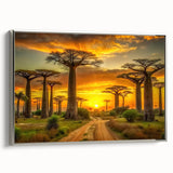 Vintage poster art of a Madagascar landscape in colorful hues on a silver-framed canvas, ideal for living room decor.