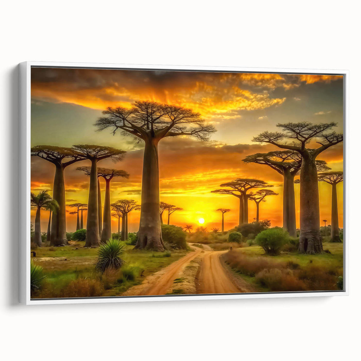 Framed canvas featuring a vintage-style landscape art painting of Madagascar with vibrant colors on a black background.