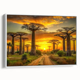 Framed canvas featuring a vintage-style landscape art painting of Madagascar with vibrant colors on a black background.
