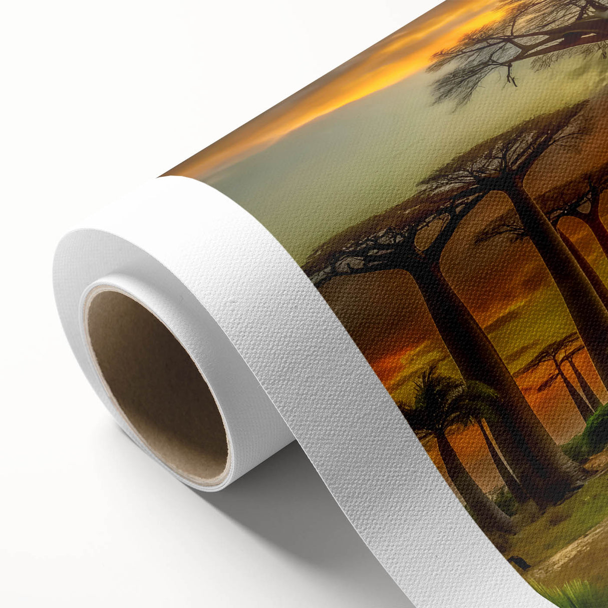 Art deco poster of Madagascar scenery on rolled canvas, with muted earth tones, ideal for nursery wall art.