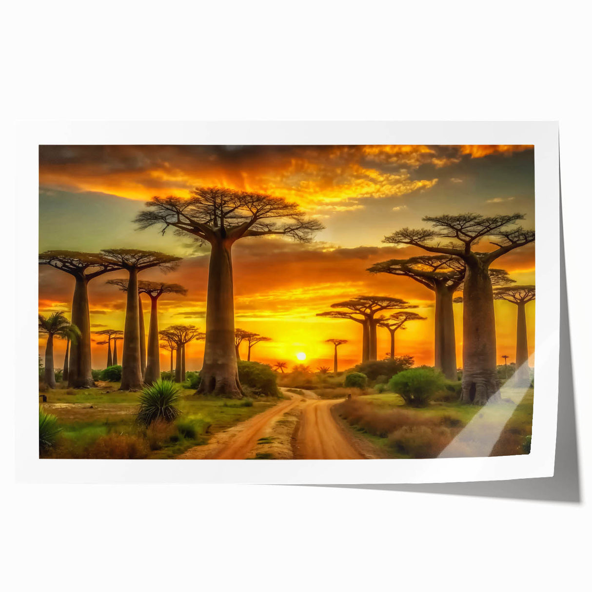 Extra large rolled canvas depicting a serene Madagascar landscape in muted earth tones, ideal for dining room decor.