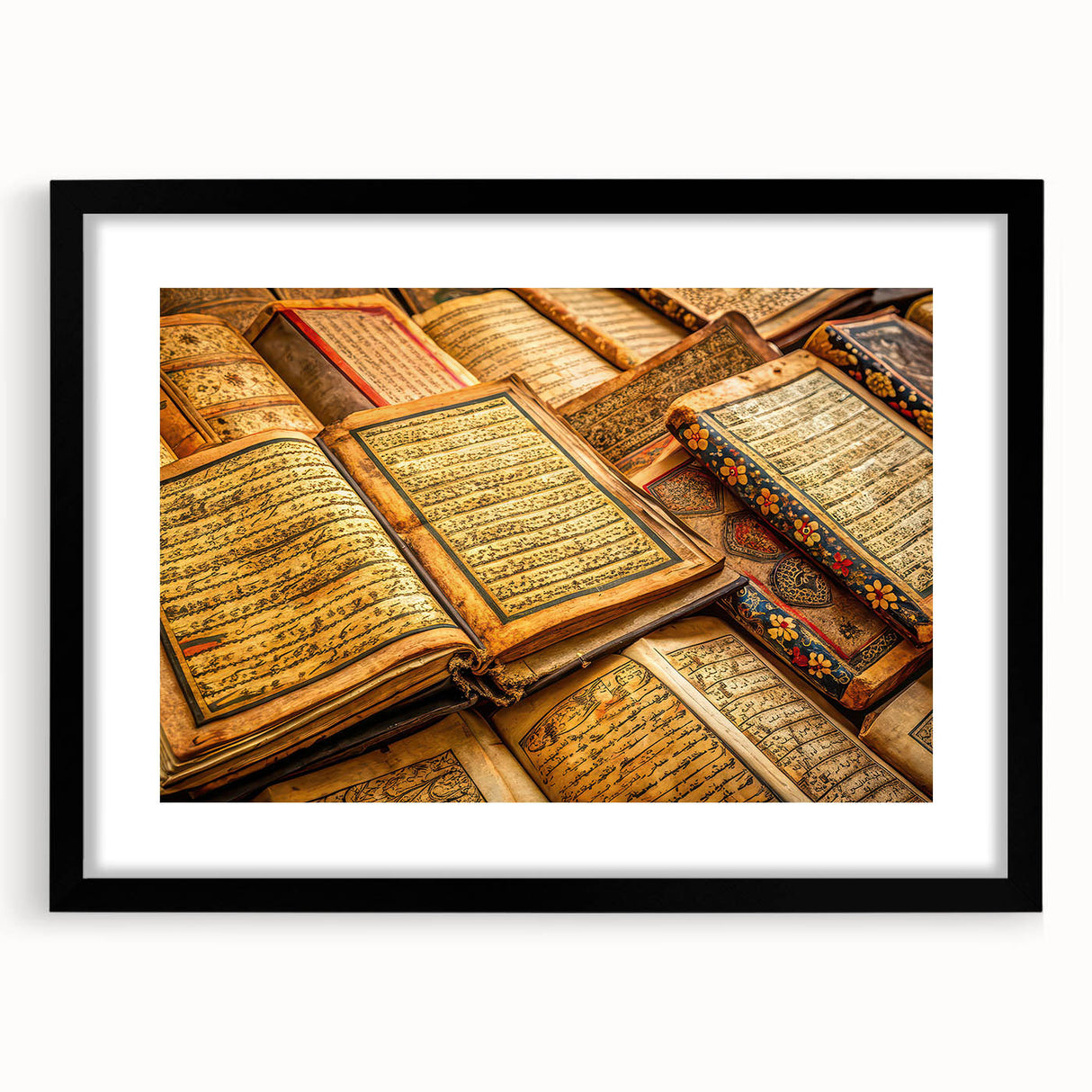 Extra large abstract art print of an African scenery in vibrant colors on a textured canvas, framed in black.