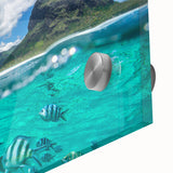 Large abstract wall art of a Mauritius scenery in vibrant blue and green tones on acrylic glass, ideal for dining room art.