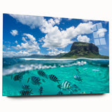 Large abstract wall art depicting a serene Mauritius landscape in muted blues and greens on acrylic glass.
