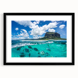 Extra large abstract art print of colorful, textured scenery of Mauritius, framed in black, ideal for living room decor.