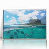 A mid-century modernist style large art print of a Mauritius landscape on white framed acrylic.