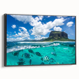 Black and white framed canvas of a Mauritius landscape, ideal for bedroom wall decor.