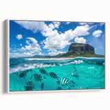 Framed canvas depicting a serene Mauritius landscape in muted earth tones, ideal for bedroom wall art.