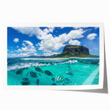 Extra large rolled print of a Mauritian landscape with vibrant greenery and floral elements, ideal for dining room wall art.