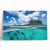 Black and white stretched canvas of Mauritius landscape, ideal for kitchen wall art or bedroom ambiance.