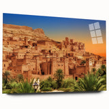 Large abstract wall art depicting a Moroccan landscape in muted earth tones on acrylic glass.