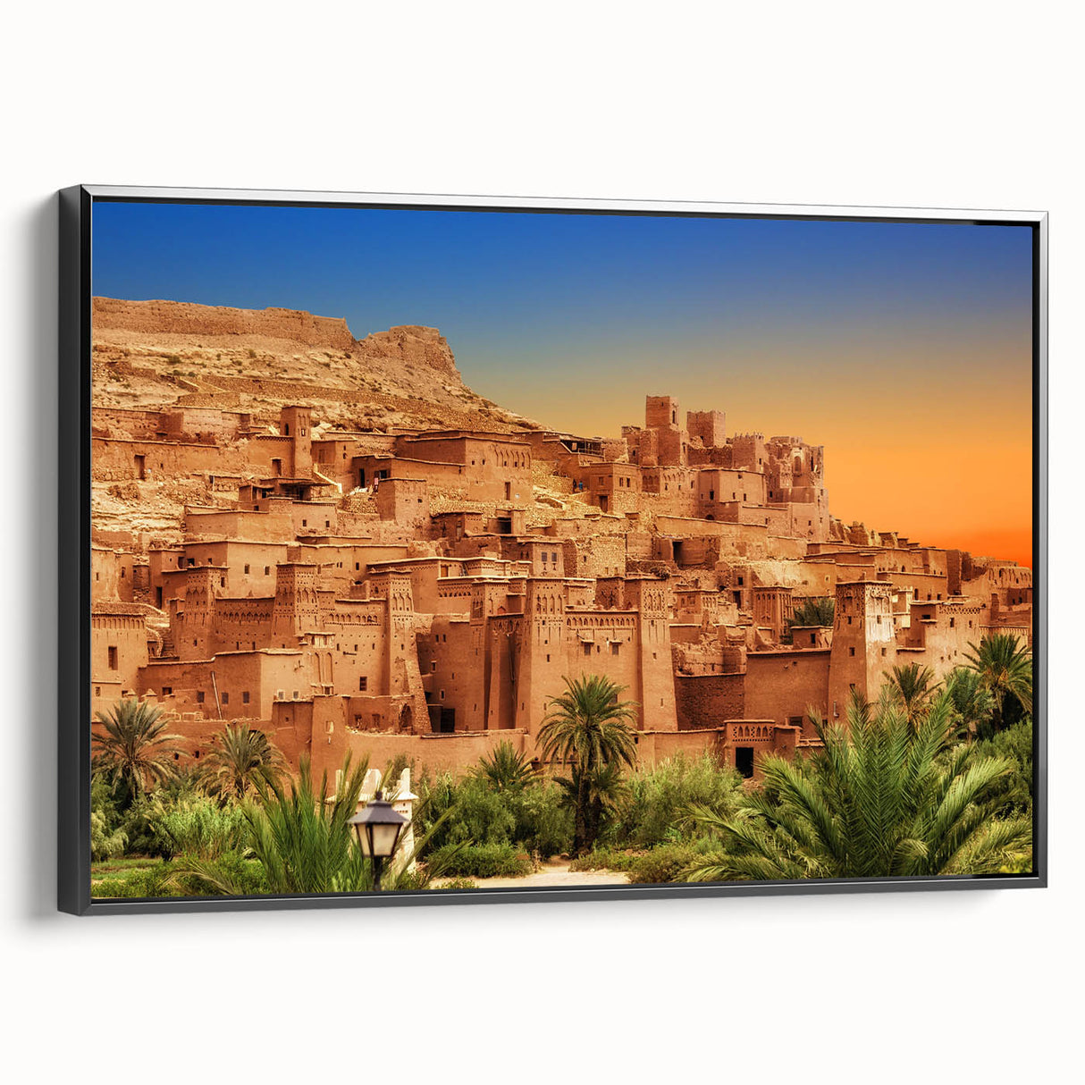 Black and white vintage poster art of a Moroccan landscape on framed canvas, suitable for bedroom wall decor.
