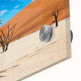 Acrylic print of Namibian landscape in muted earth tones, ideal for dining room art with a mid-century modernist style.