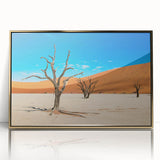 Mid-century modernist art depicting a serene Namibian landscape, framed in gold acrylic, suited for nursery wall art.