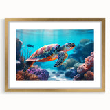 Extra large abstract art print depicting a textured scenery of Seychelles, in vibrant blues and greens.