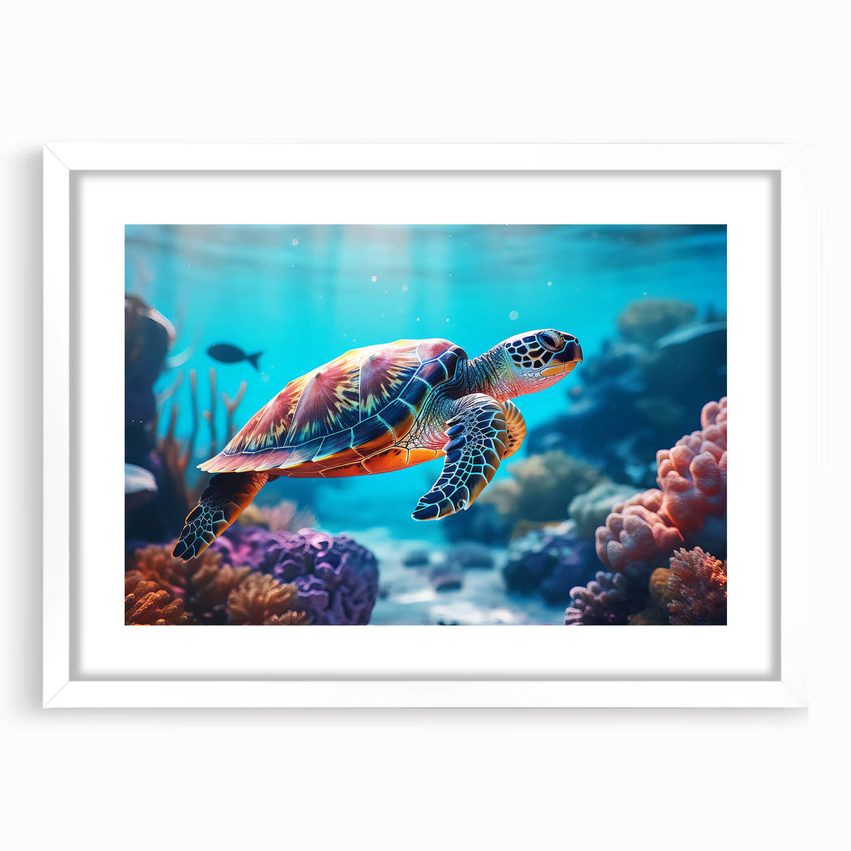 Abstract art print of Seychelles scenery in muted blue and green tones on a framed white mat, ideal for dining room decor.