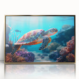 Large art print of Seychelles scenery in mid-century modernist style, framed in gold acrylic, ideal for nursery wall art.