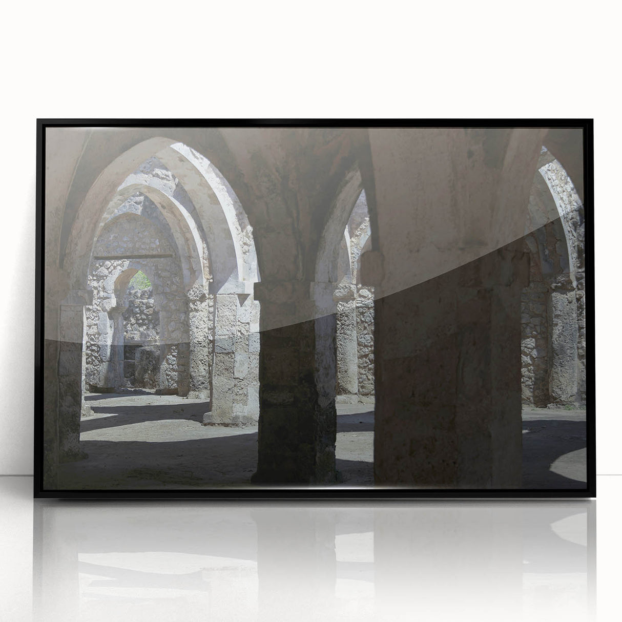 Large abstract wall art depicting a Tanzanian scenery in black and white tones on framed acrylic.