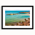 Extra large abstract art print of a colorful Tunisian landscape on textured canvas, framed in black.