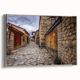 Framed canvas landscape art painting featuring a scenic Azerbaijan view with colorful and black vintage poster art elements.