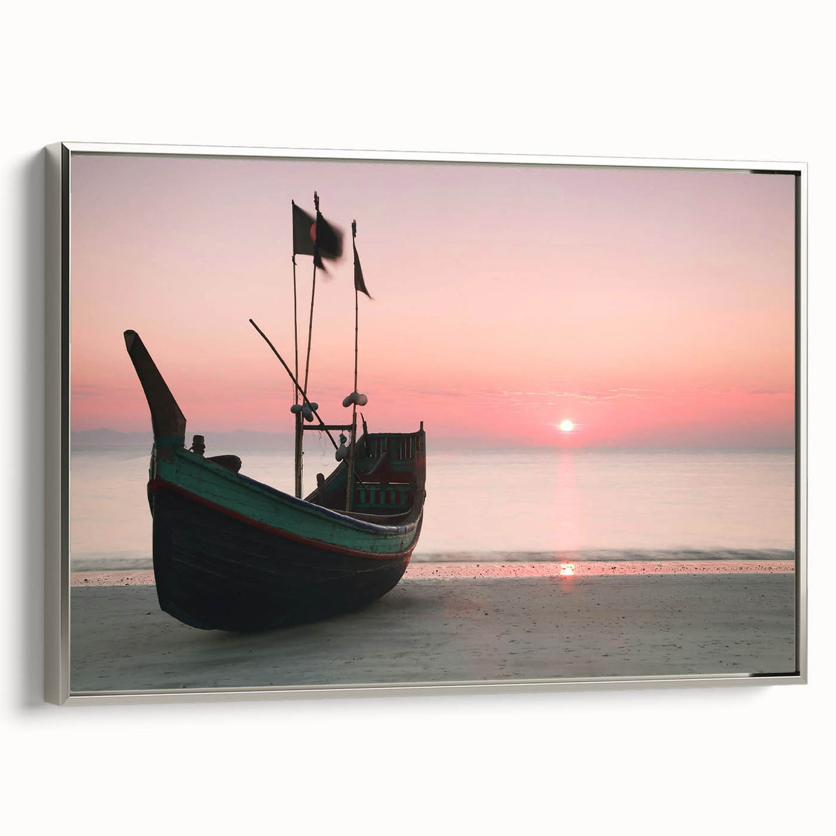Landscape art painting of a serene Bangladeshi river scene on a silver-framed canvas, featuring vibrant green and blue tones.