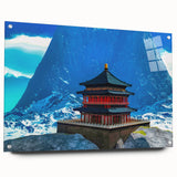 Acrylic print of a large abstract depiction of Bhutan scenery in muted earth tones, ideal for bedroom or dining room decor.
