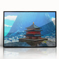 Large abstract wall art depicting a Bhutanese landscape in muted earth tones on a framed acrylic.