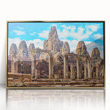 Framed acrylic print of a Cambodian landscape in gold and green tones, ideal for modern art wall decor.