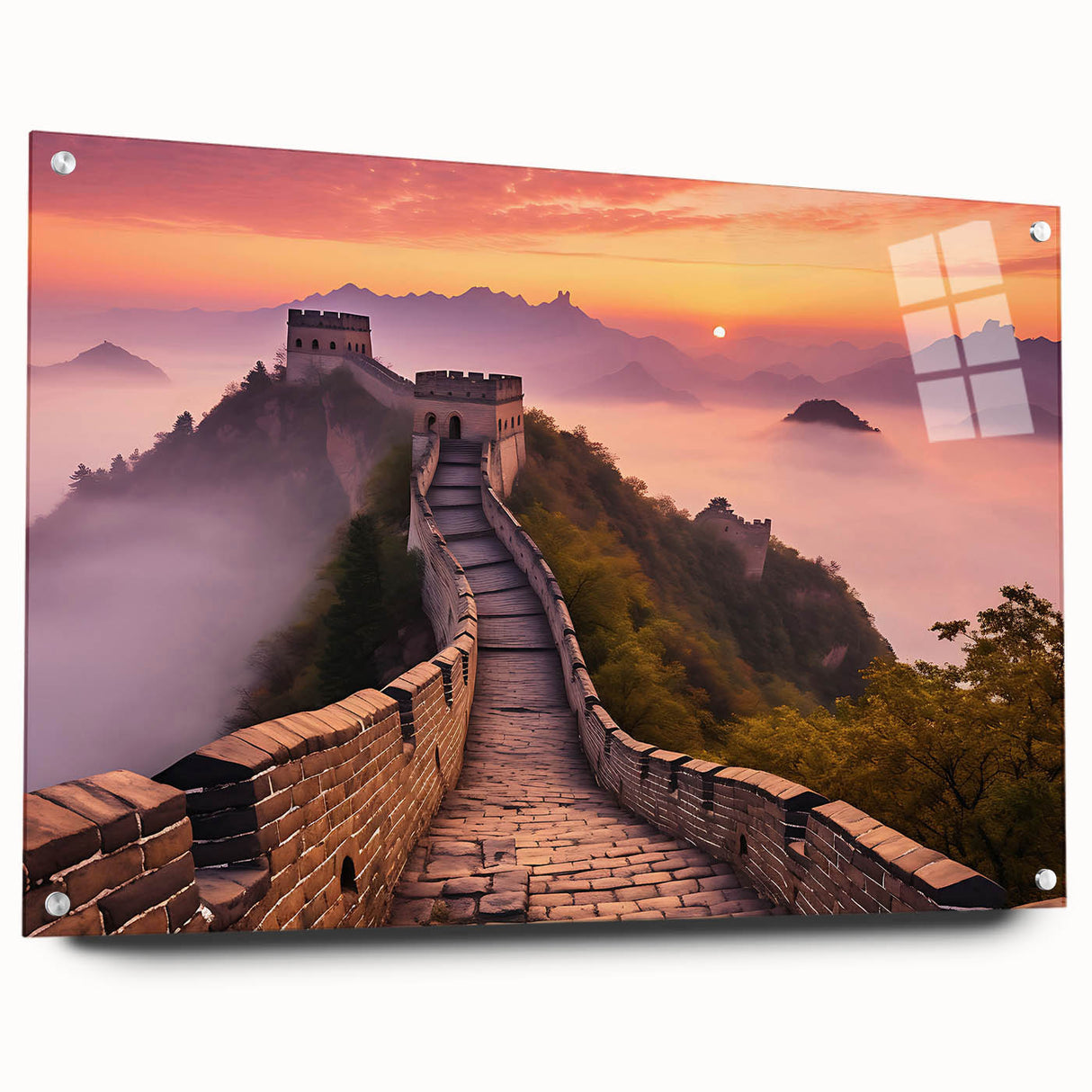 Acrylic print of the Great Wall of China in muted earth tones, suitable for bedroom or dining room decor.