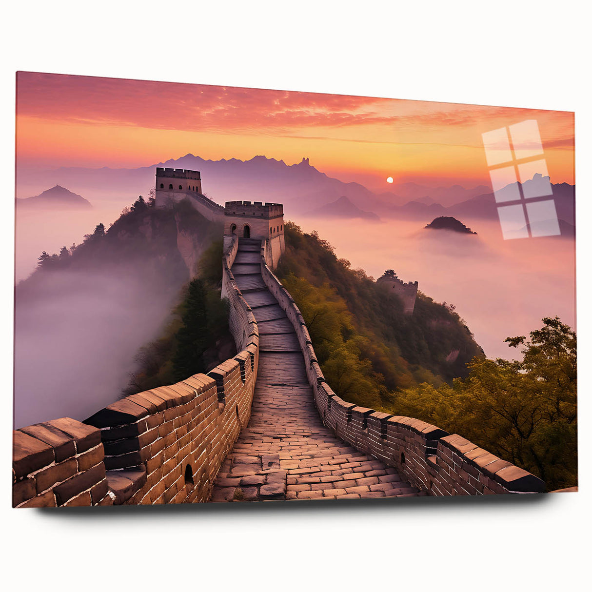 Large acrylic print of the Great Wall of China in muted earth tones, ideal for bedroom or dining room art.
