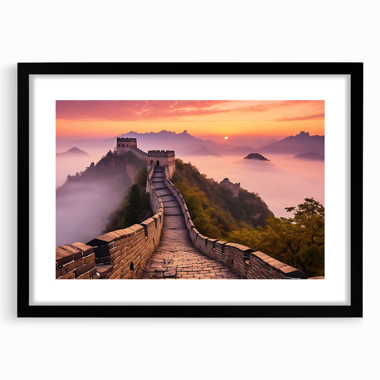 Extra large framed wall art of an abstract rendition of the Great Wall of China in vibrant, textured colors.