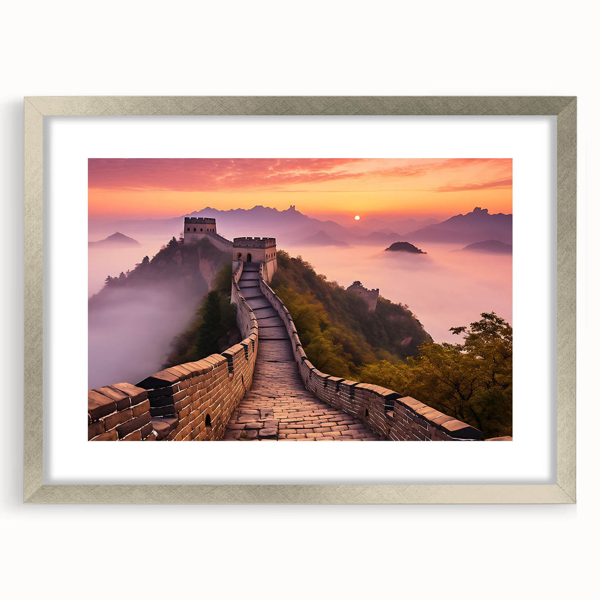 Textured art print of the Great Wall of China in muted earth tones on a framed canvas, suitable for bedroom decor.