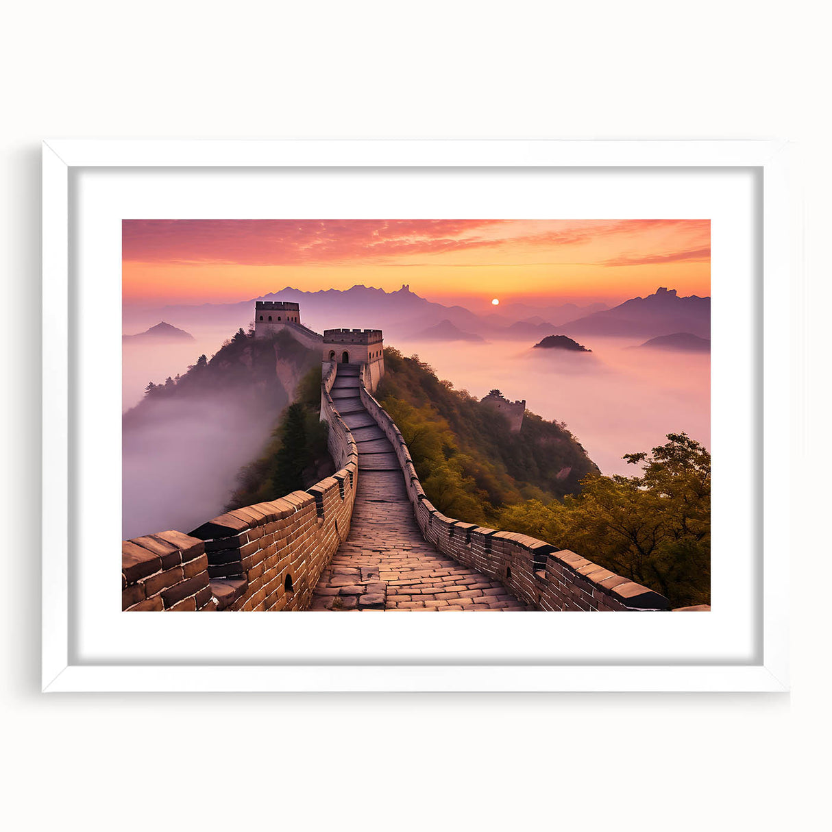 Abstract art print of the Great Wall of China in muted earth tones, framed with a white mat.