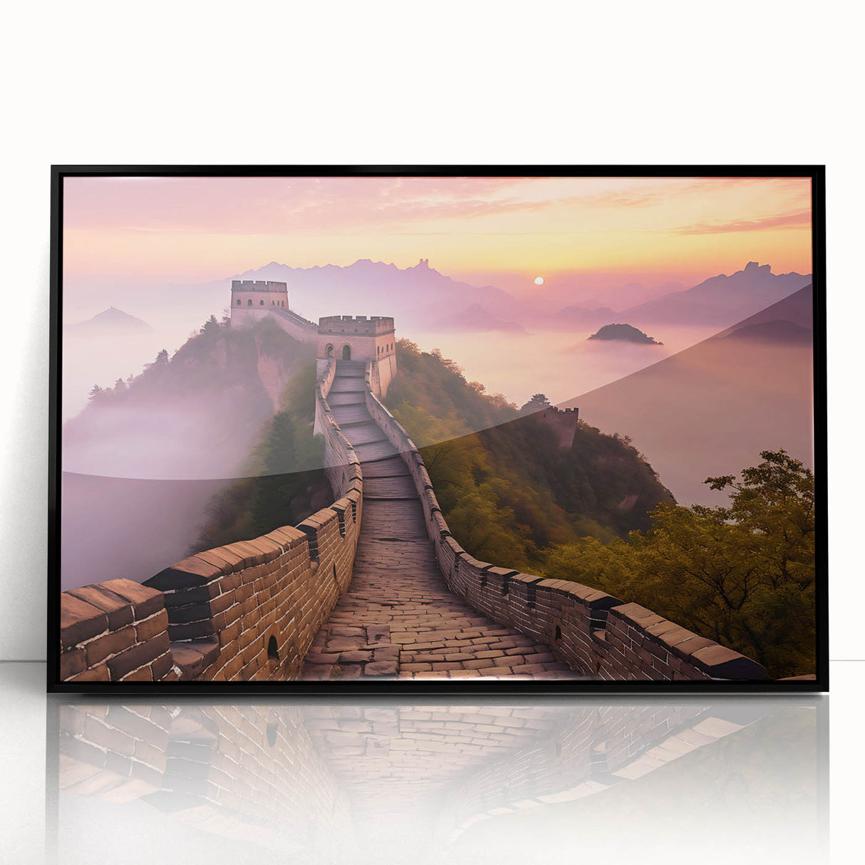 Large abstract wall art of the Great Wall of China in muted earth tones on framed acrylic.