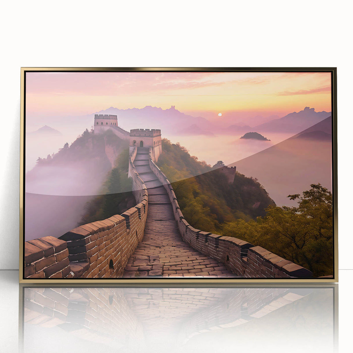 Acrylic print of the Great Wall of China in muted earth tones, framed in gold, suitable for modern art wall decor.