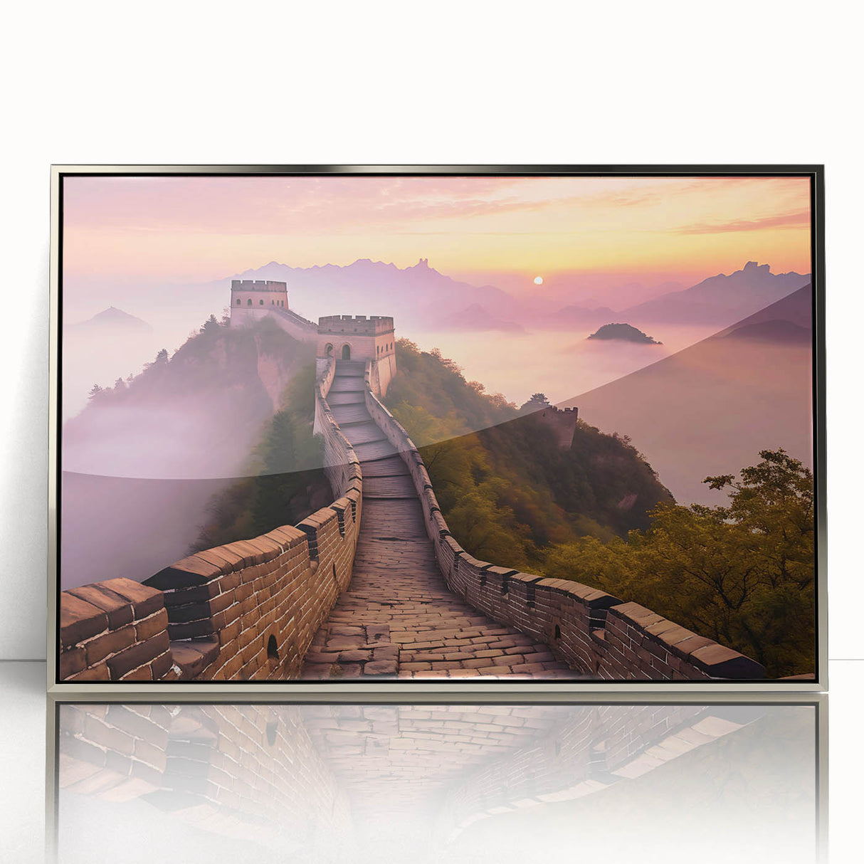 Mid-century modernist art of the Great Wall of China in muted earth tones on a framed acrylic print.