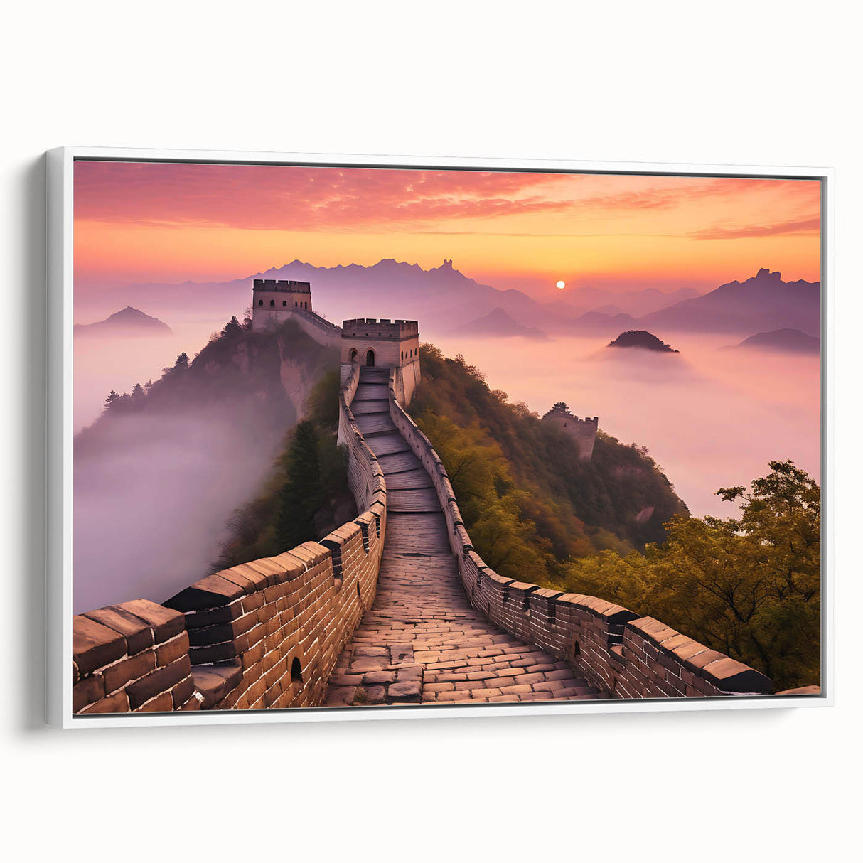 Vintage poster art of the Great Wall of China in muted earth tones on a framed canvas, suitable for living room decor.