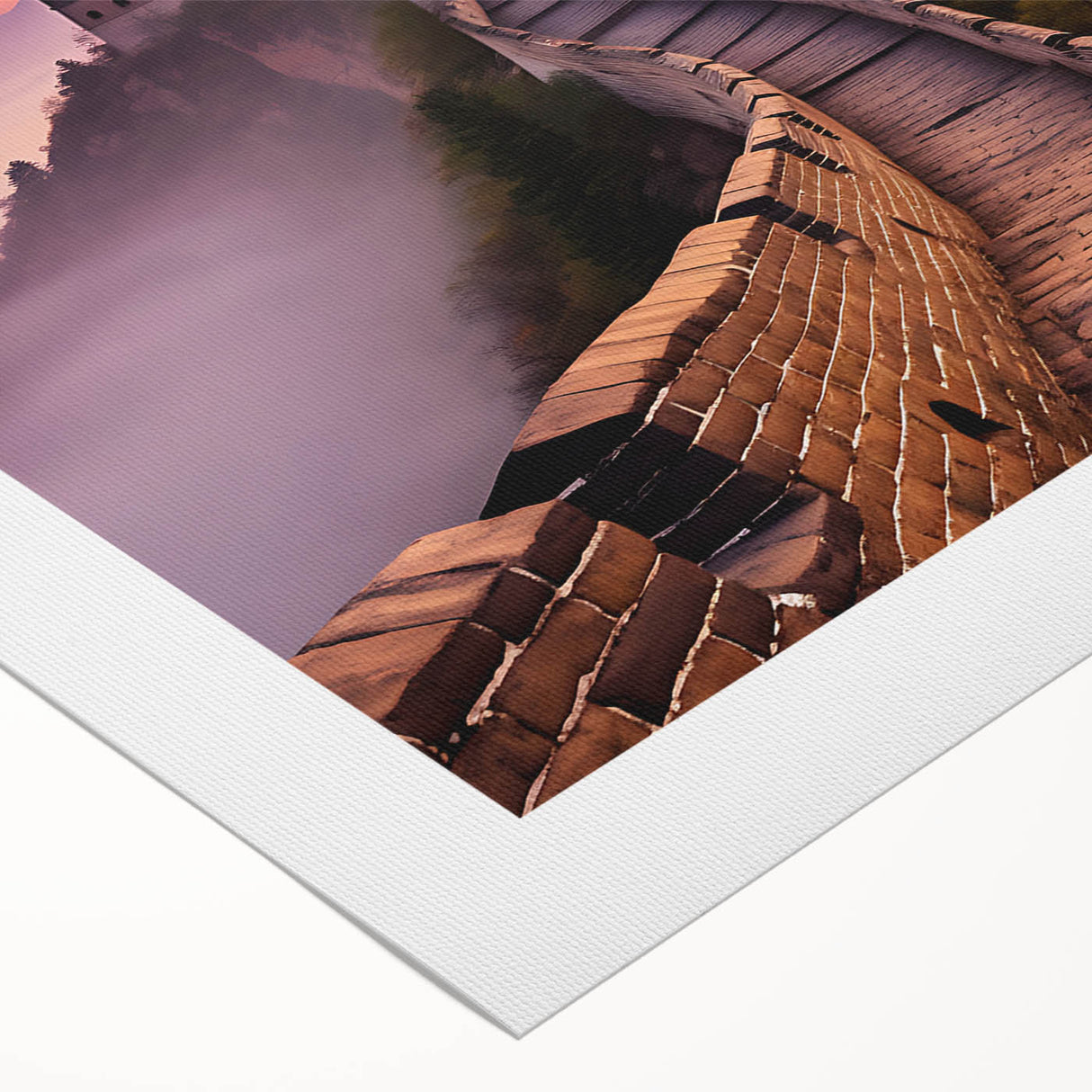 Mid-century modernist art of the Great Wall of China in muted earth tones on a large rolled canvas.