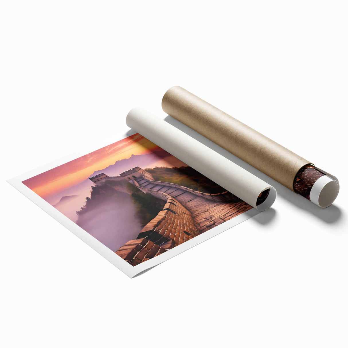 Large rolled print of the Great Wall of China in muted earth tones, suitable as extra large wall art for a classy bathroom.