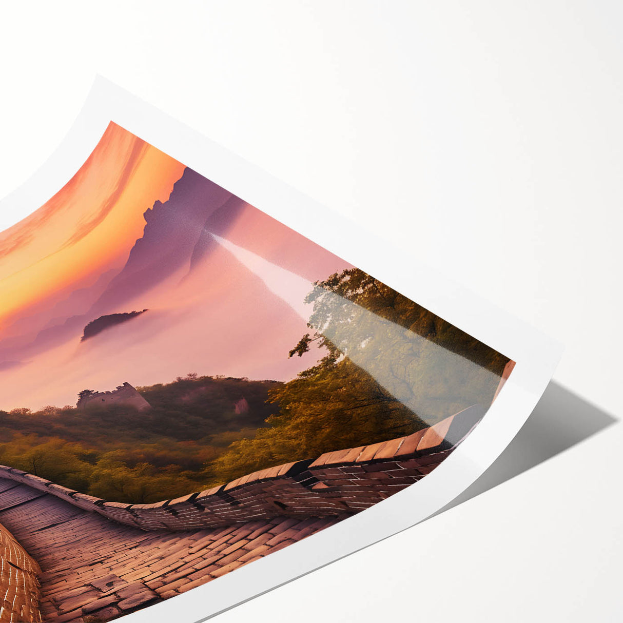 Extra large rolled print of the Great Wall of China in muted earth tones, ideal for large living room wall art.