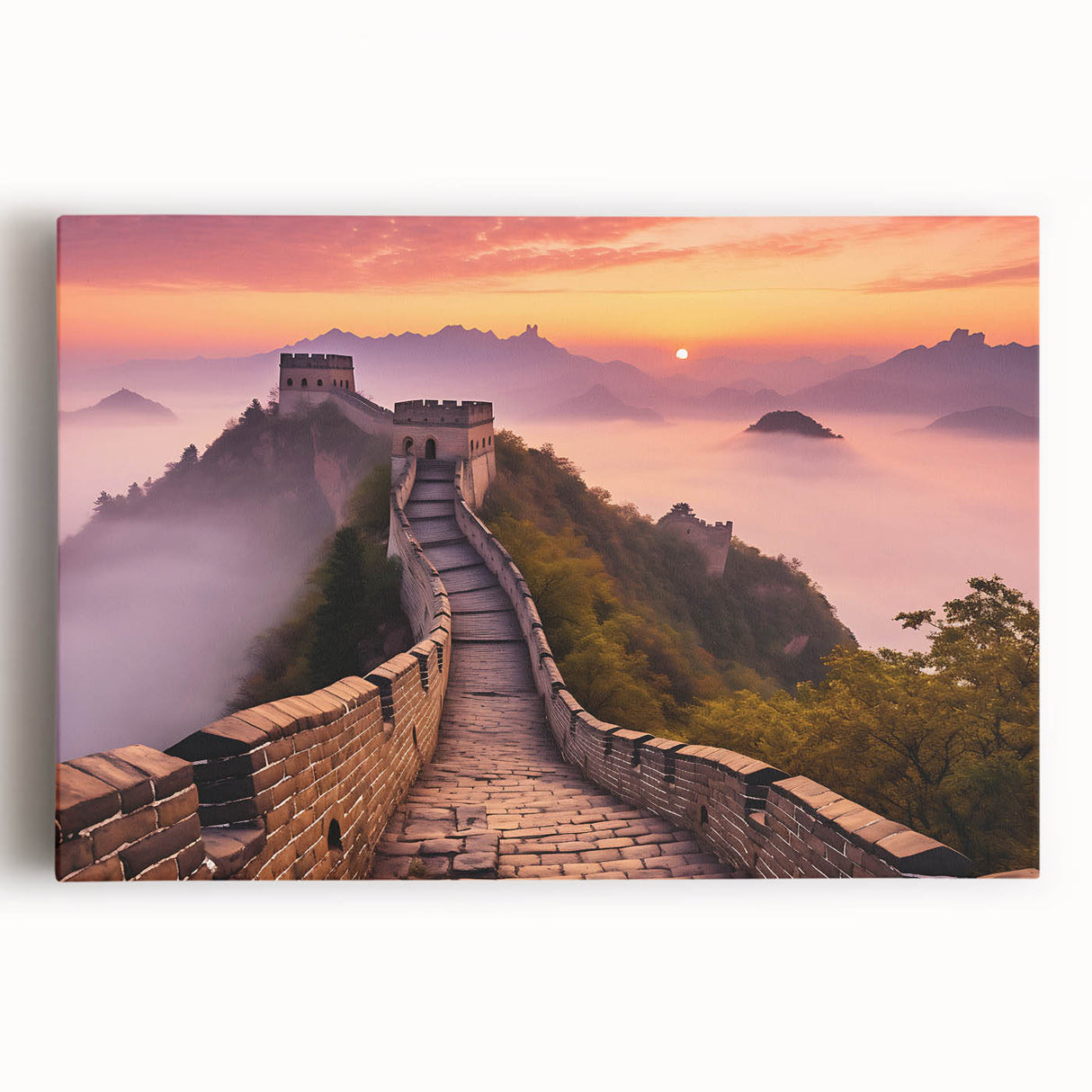 Black and white stretched canvas print of the Great Wall of China, ideal for kitchen wall art.