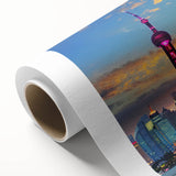 Art Deco poster of Shanghai skyline in muted gold and black tones on rolled canvas, suitable as nursery wall art.