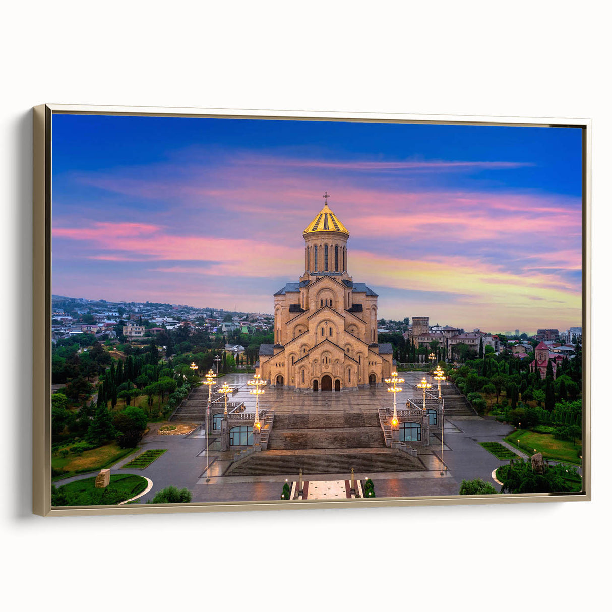 Framed canvas featuring a vintage-style landscape painting of the Georgian countryside in muted gold and black tones.