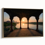 Framed canvas of a vintage-style Indian landscape in gold and black tones, suitable for bedroom wall art.