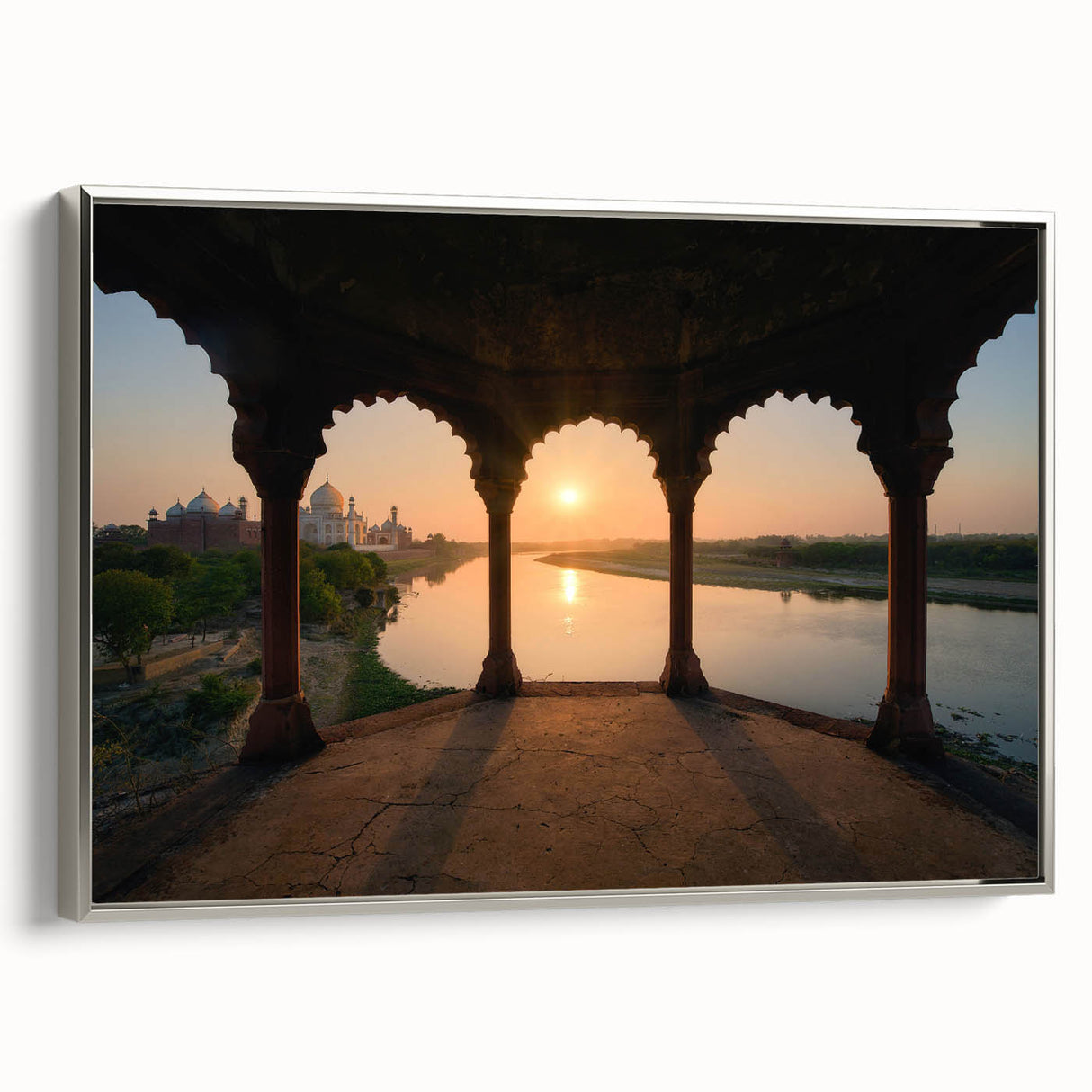 Landscape art painting of an Indian scenery in colorful hues on a framed canvas, ideal for living room decor.