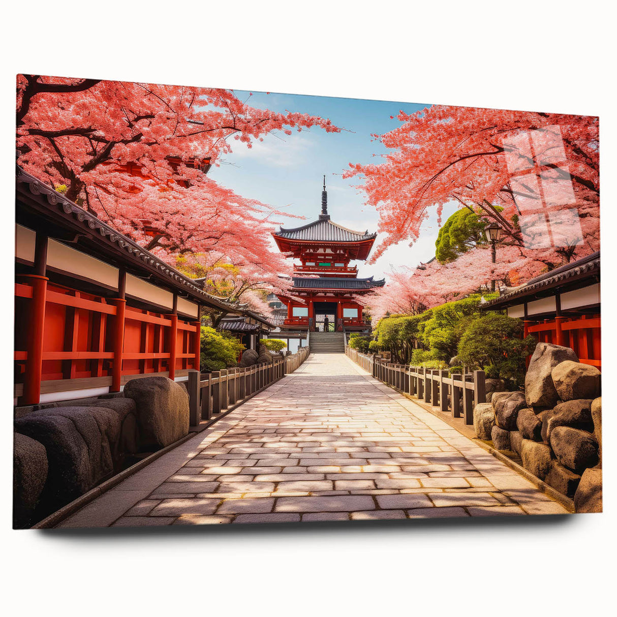 Large abstract wall art depicting a serene Kyoto scenery in muted earth tones on acrylic glass.